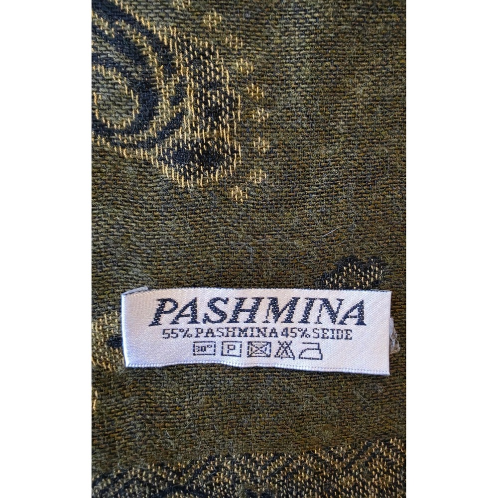 Pashmina Cashmere Silk Paisley Scarf Shawl Olive Green Gold Luxury Old Money - Picture 2 of 5